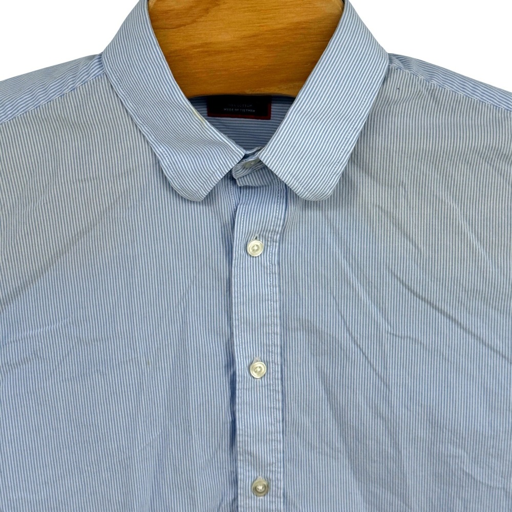 UNTUCKit Mens Large Light Blue White Striped Round Club Collar Button Down Shirt